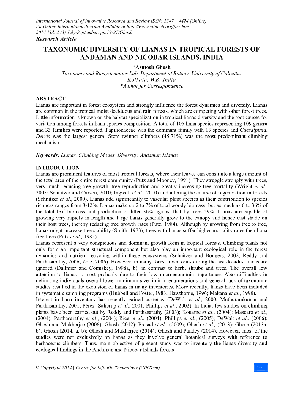 Taxonomic Diversity of Lianas in Tropical Forests of Andaman And