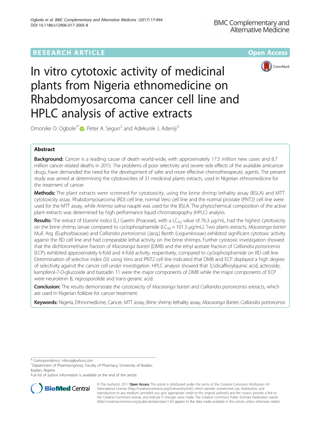 In Vitro Cytotoxic Activity of Medicinal Plants from Nigeria Ethnomedicine on Rhabdomyosarcoma Cancer Cell Line and HPLC Analysis of Active Extracts Omonike O
