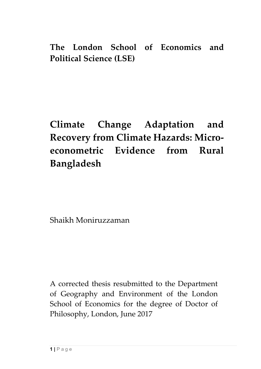 Climate Change Adaptation and Recovery from Climate Hazards: Micro- Econometric Evidence from Rural Bangladesh