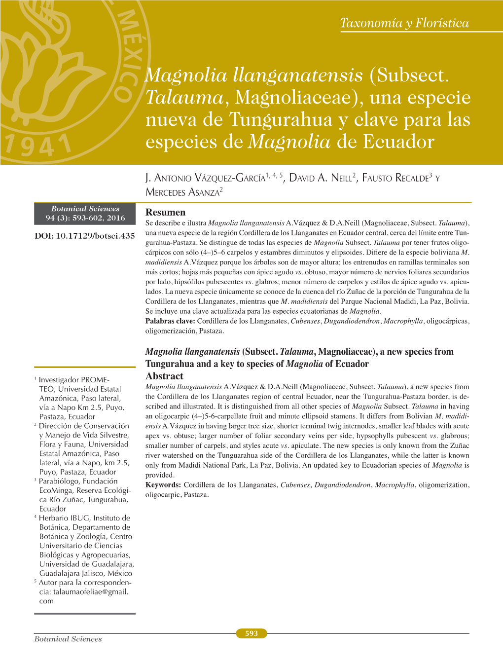 Resumen Magnolia Llanganatensis (Subsect