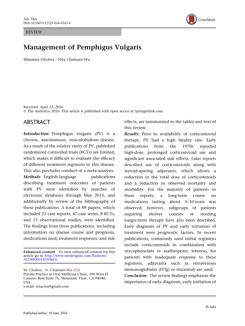 Management of Pemphigus Vulgaris