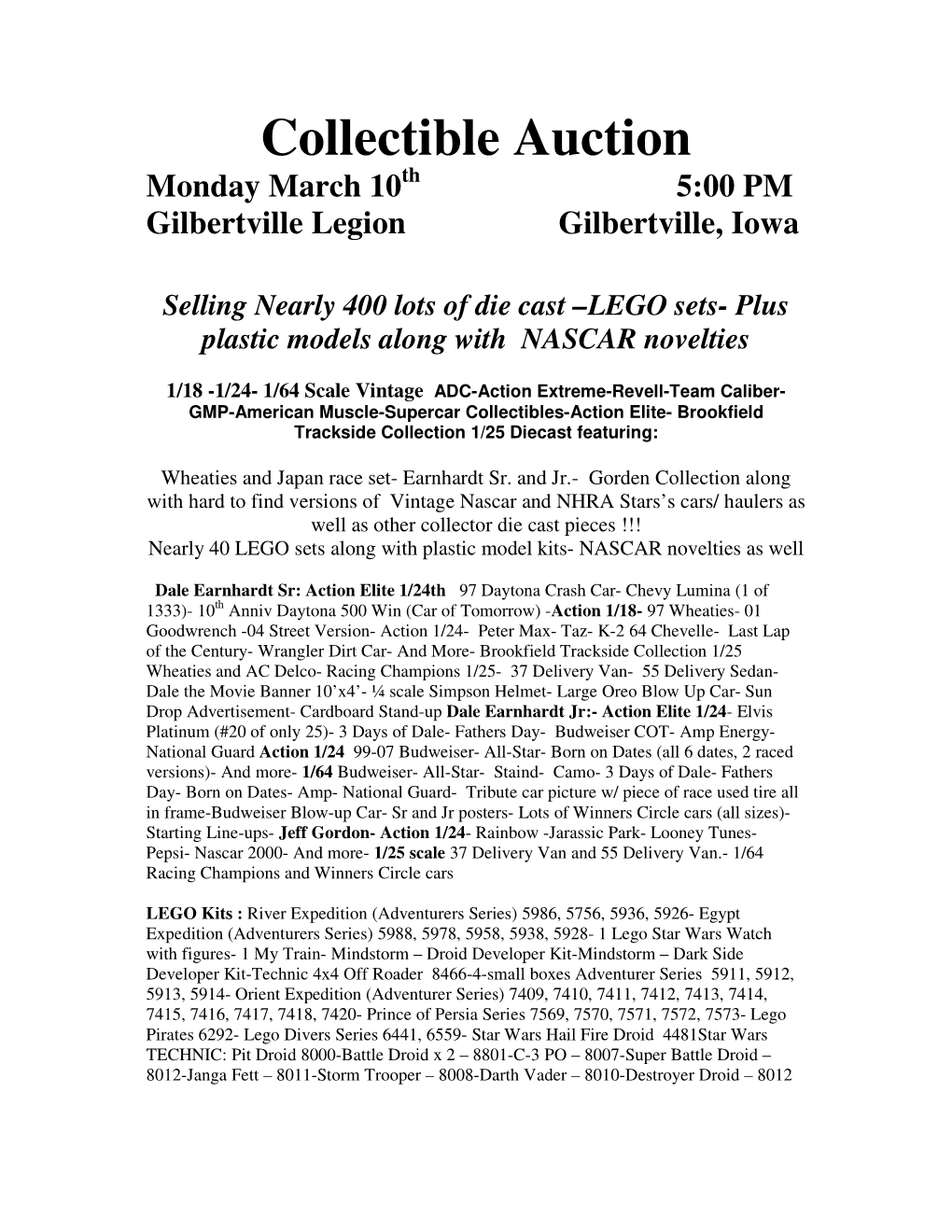 Collectible Auction Monday March 10 Th 5:00 PM Gilbertville Legion Gilbertville, Iowa