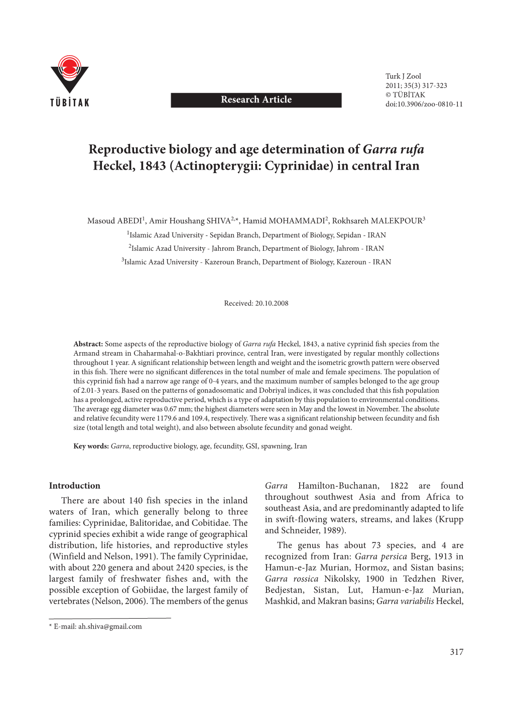 Reproductive Biology and Age Determination of Garra Rufa Heckel, 1843 (Actinopterygii: Cyprinidae) in Central Iran