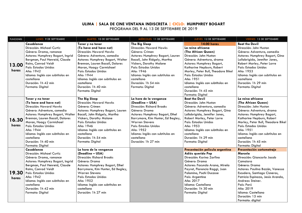 Ciclo: Humphrey Bogart Programa Del 9 Al 13 De Septiembre De 2019