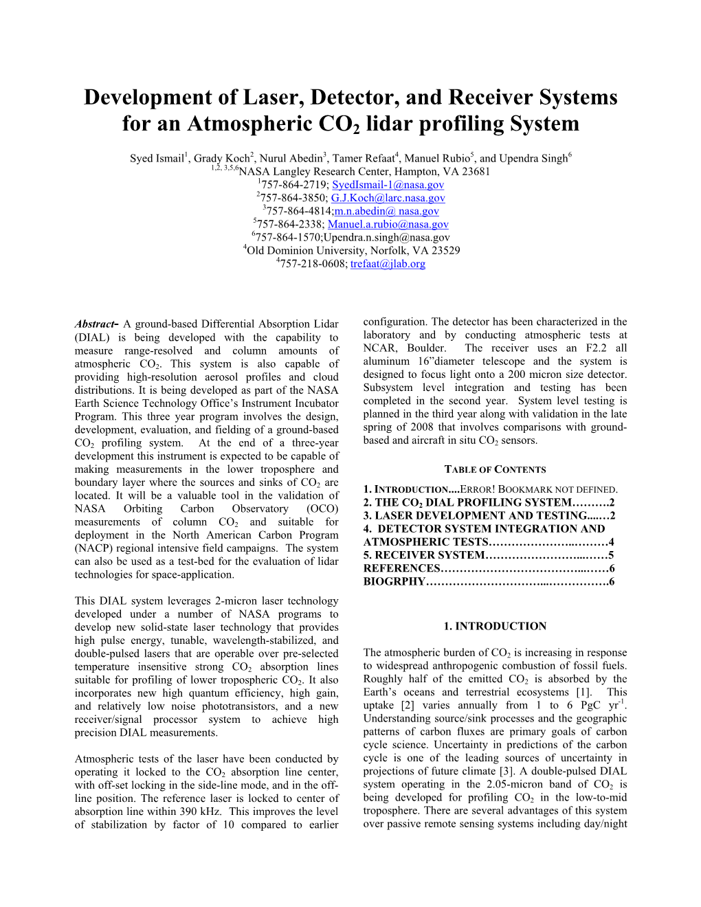 Development of Laser, Detector, and Receiver Systems for an Atmospheric CO2 Lidar Profiling System