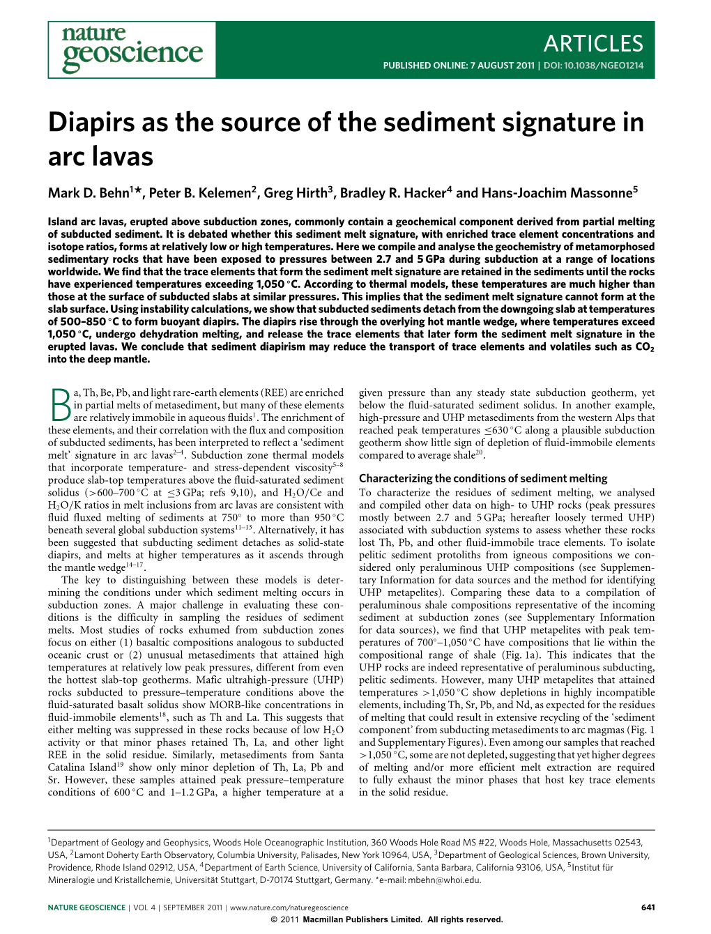 Diapirs As the Source of the Sediment Signature in Arc Lavas Mark D