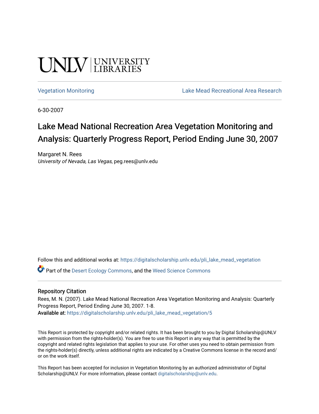 Lake Mead National Recreation Area Vegetation Monitoring and Analysis: Quarterly Progress Report, Period Ending June 30, 2007