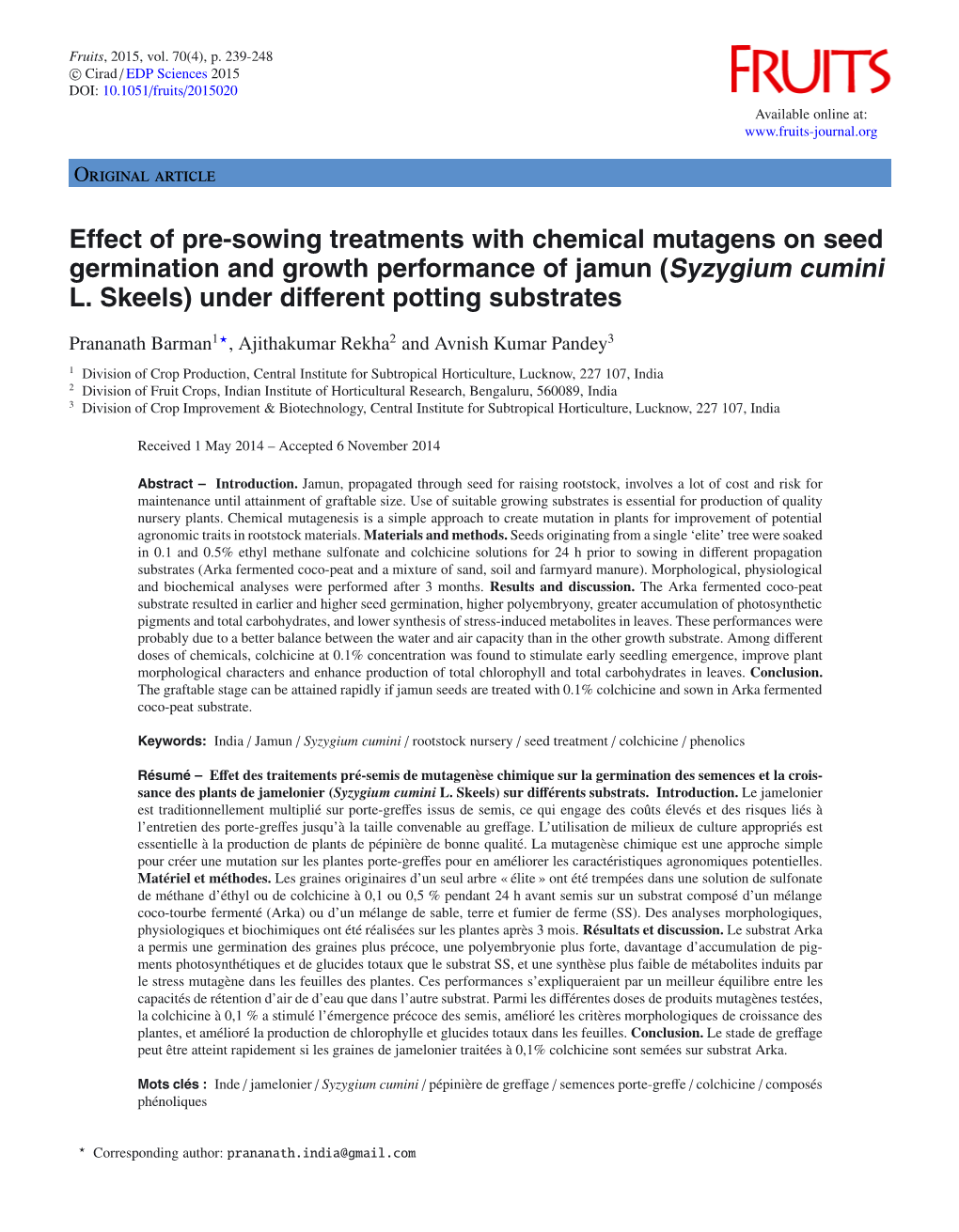 Effect of Pre-Sowing Treatments with Chemical Mutagens on Seed Germination and Growth Performance of Jamun (Syzygium Cumini L