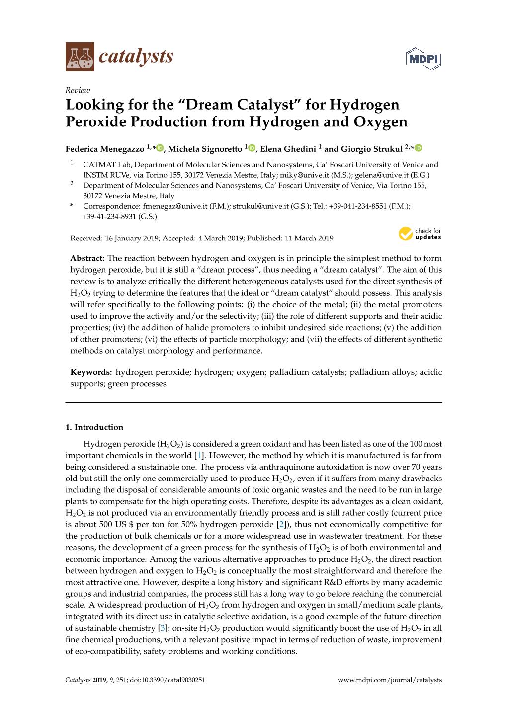 For Hydrogen Peroxide Production from Hydrogen and Oxygen