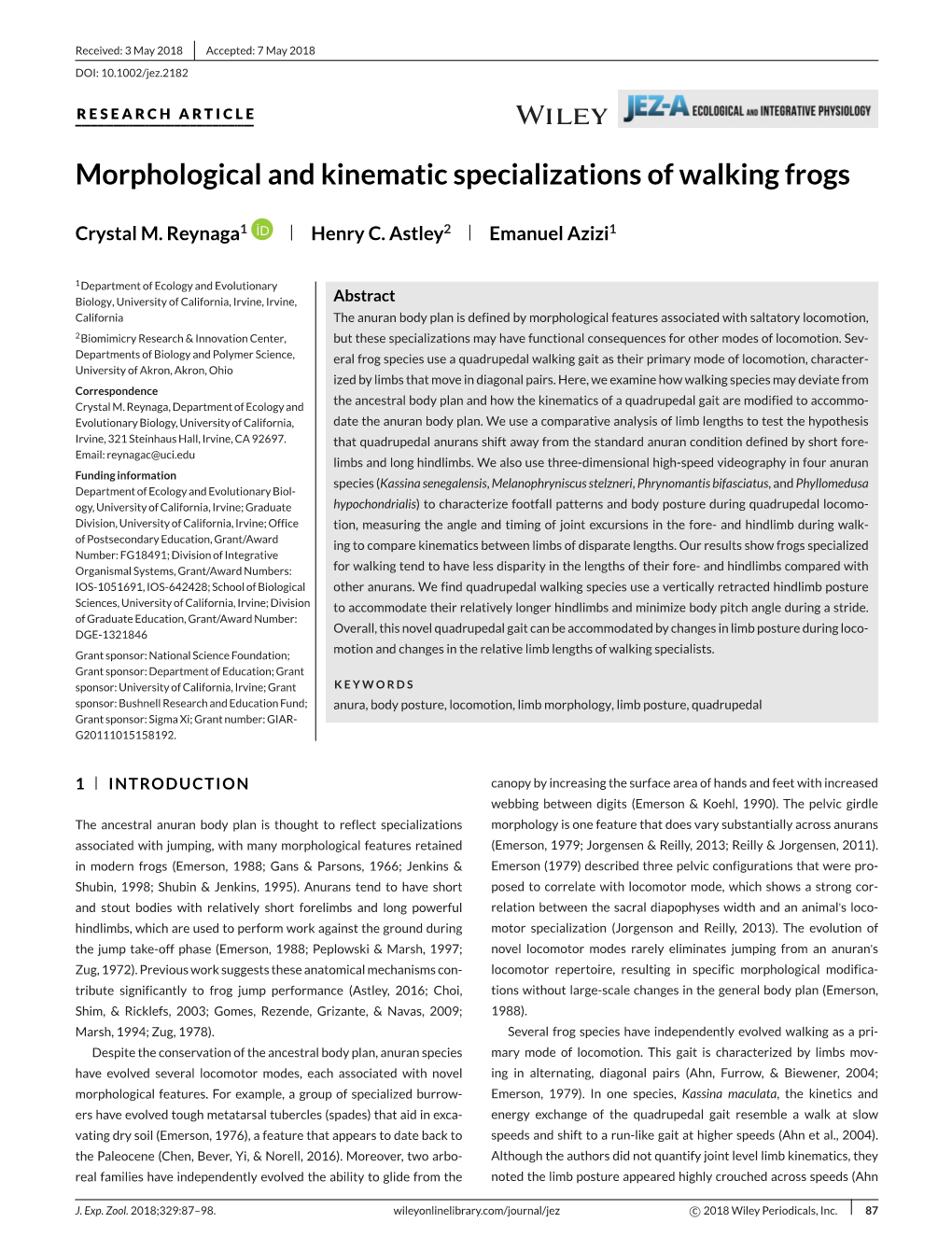 Morphological and Kinematic Specializations of Walking Frogs