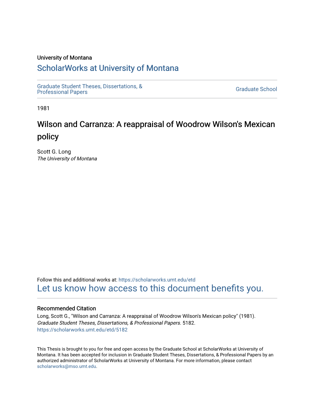 Wilson and Carranza: a Reappraisal of Woodrow Wilson's Mexican Policy