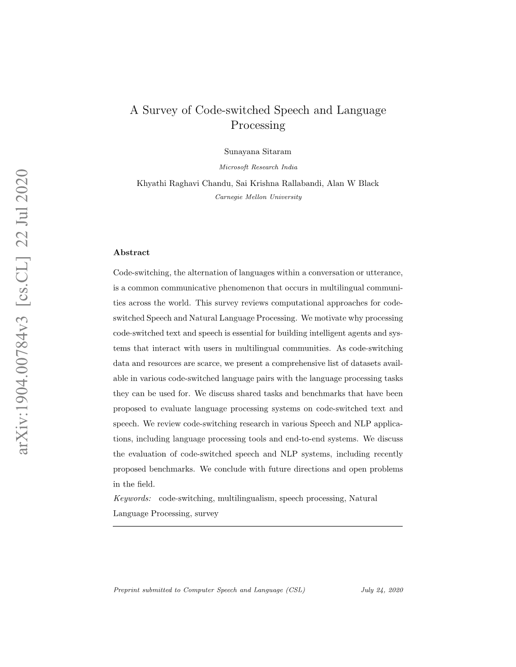 Arxiv:1904.00784V3 [Cs.CL] 22 Jul 2020 Agaepoesn,Survey Processing, Language Keywords: Ope and ﬁeld