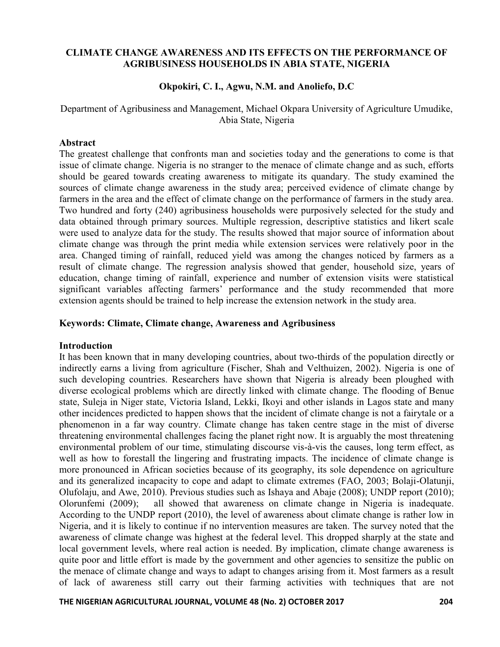 Climate Change Awareness and Its Effects on the Performance of Agribusiness Households in Abia State, Nigeria