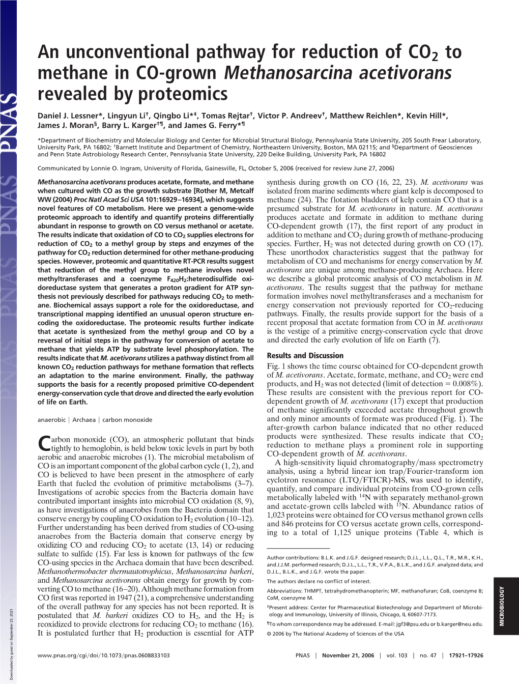 An Unconventional Pathway for Reduction of CO2 to Methane in CO-Grown Methanosarcina Acetivorans Revealed by Proteomics