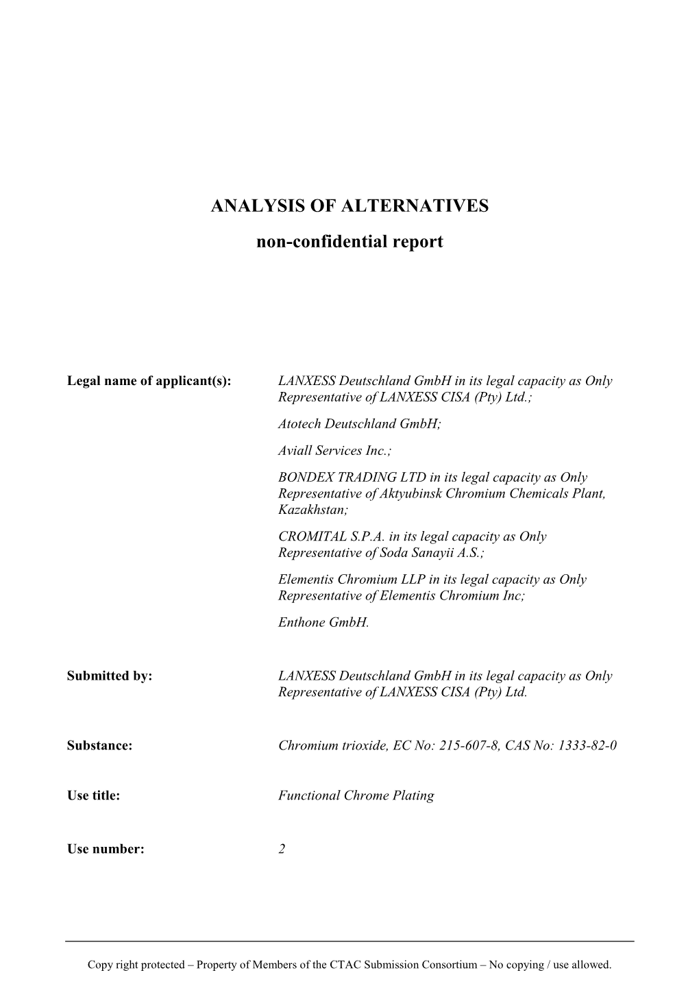 ANALYSIS of ALTERNATIVES Non-Confidential Report