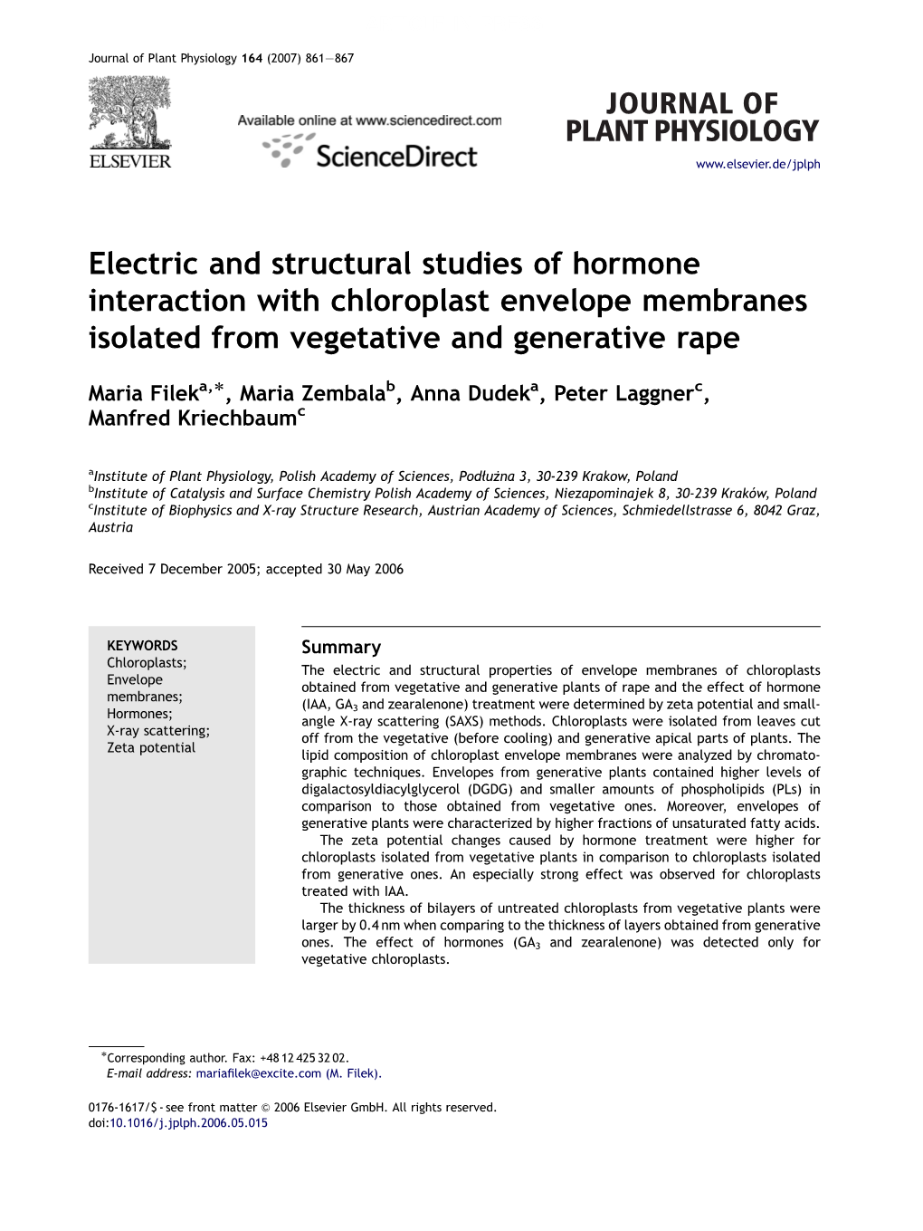 Electric and Structural Studies of Hormone Interaction with Chloroplast Envelope Membranes Isolated from Vegetative and Generative Rape