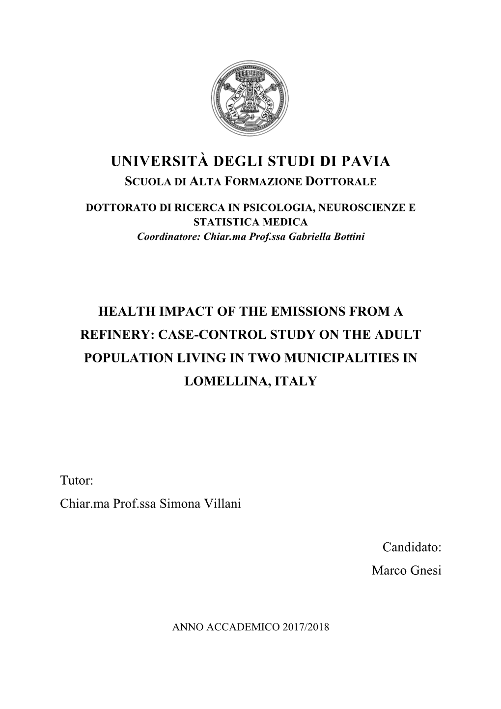 Università Degli Studi Di Pavia Scuola Di Alta Formazione Dottorale