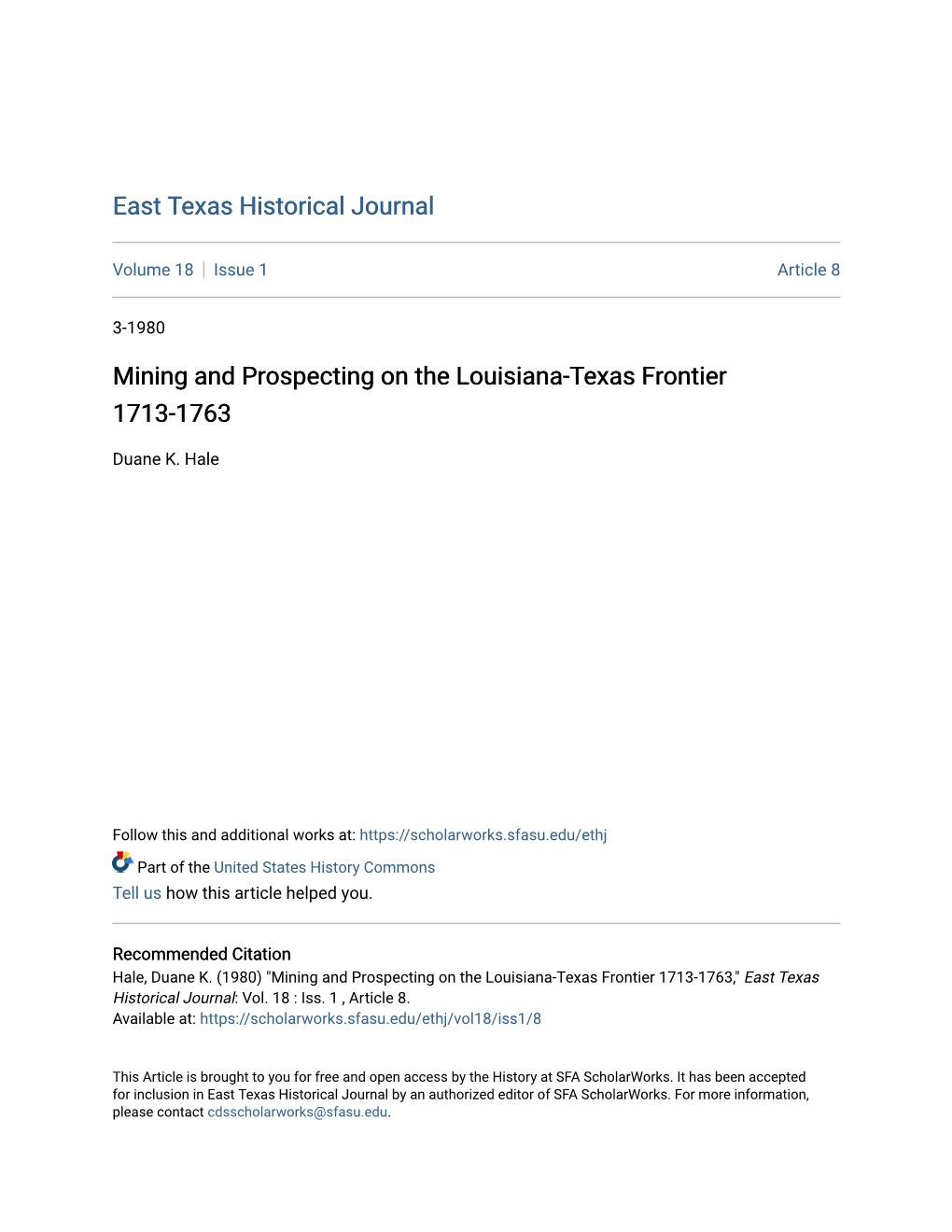 Mining and Prospecting on the Louisiana-Texas Frontier 1713-1763