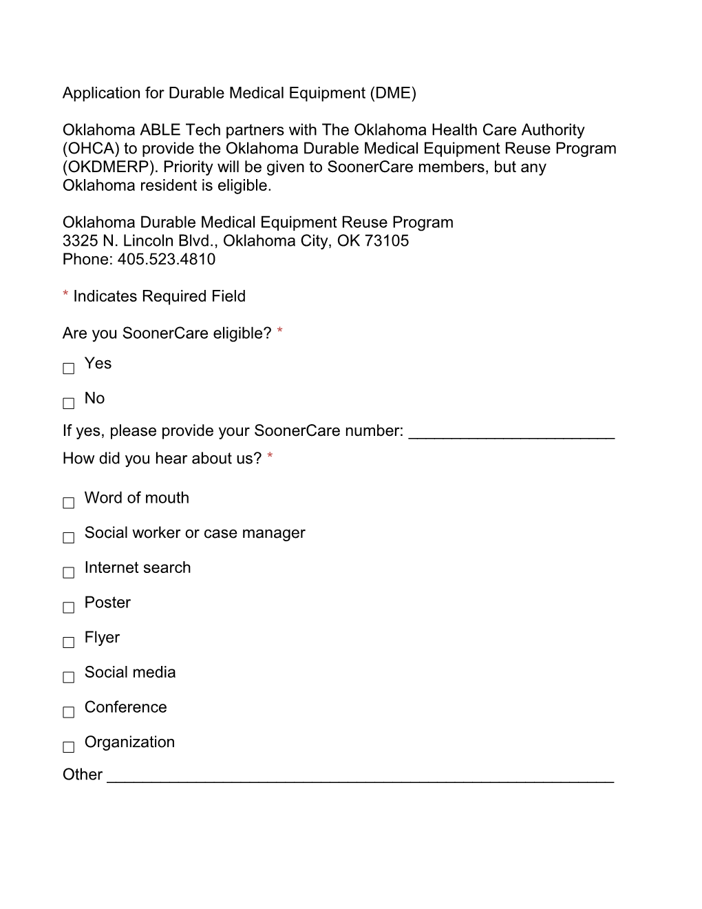 Application for Durable Medical Equipment (DME)