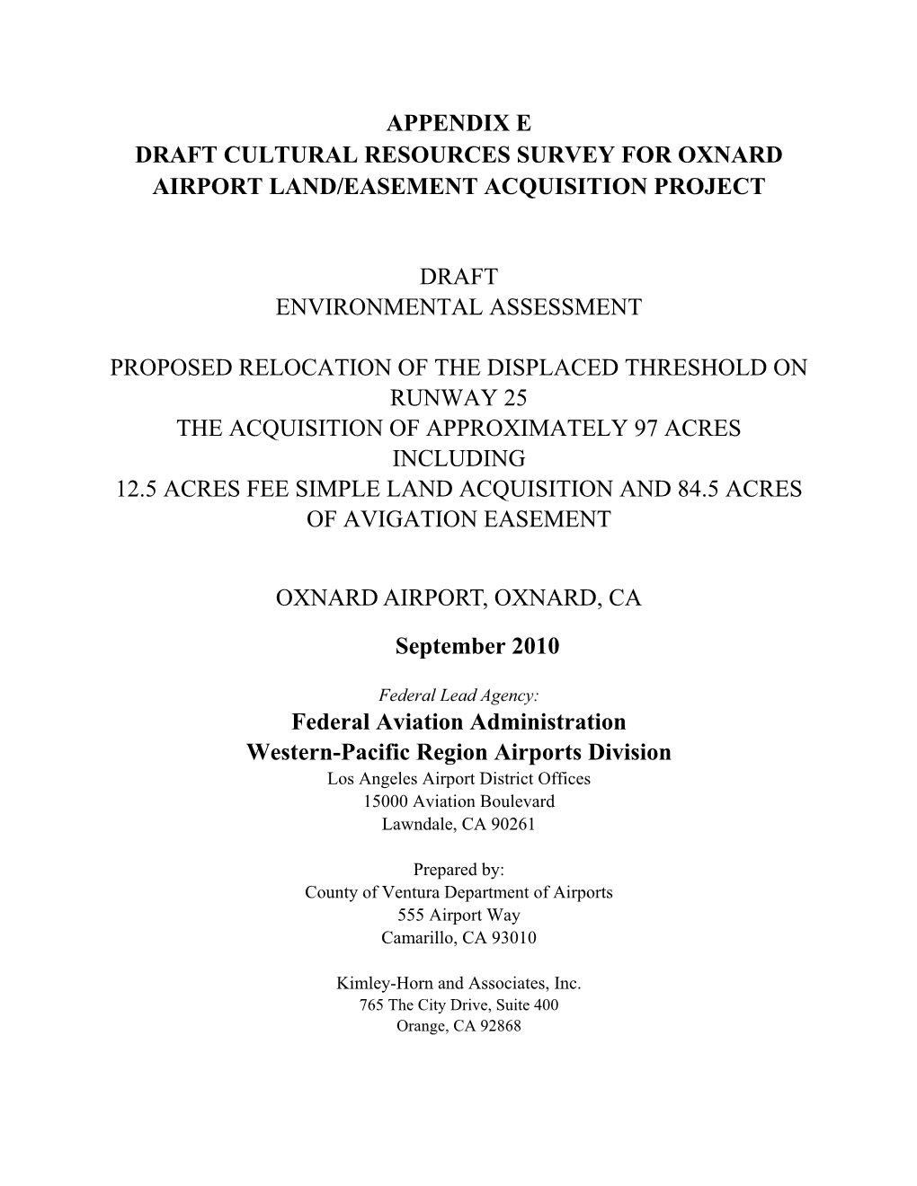 Appendix E Draft Cultural Resources Survey for Oxnard Airport Land/Easement Acquisition Project