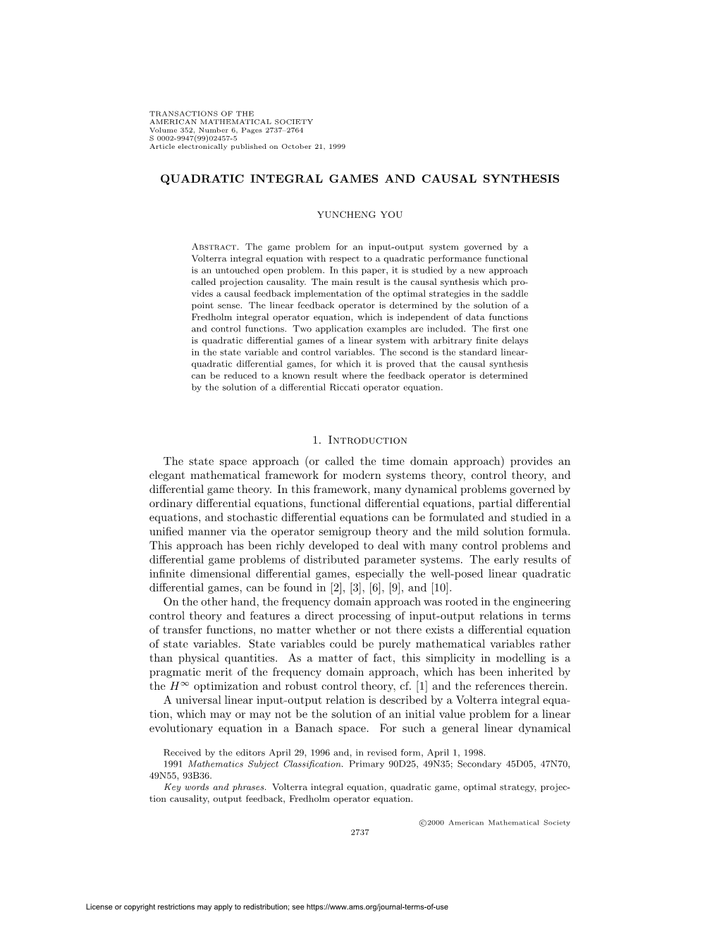 Quadratic Integral Games and Causal Synthesis