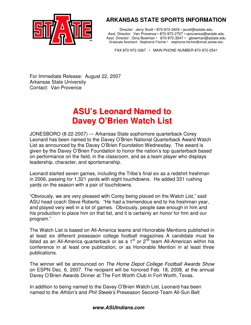 ASU's Leonard Named to Davey O'brien Watch List
