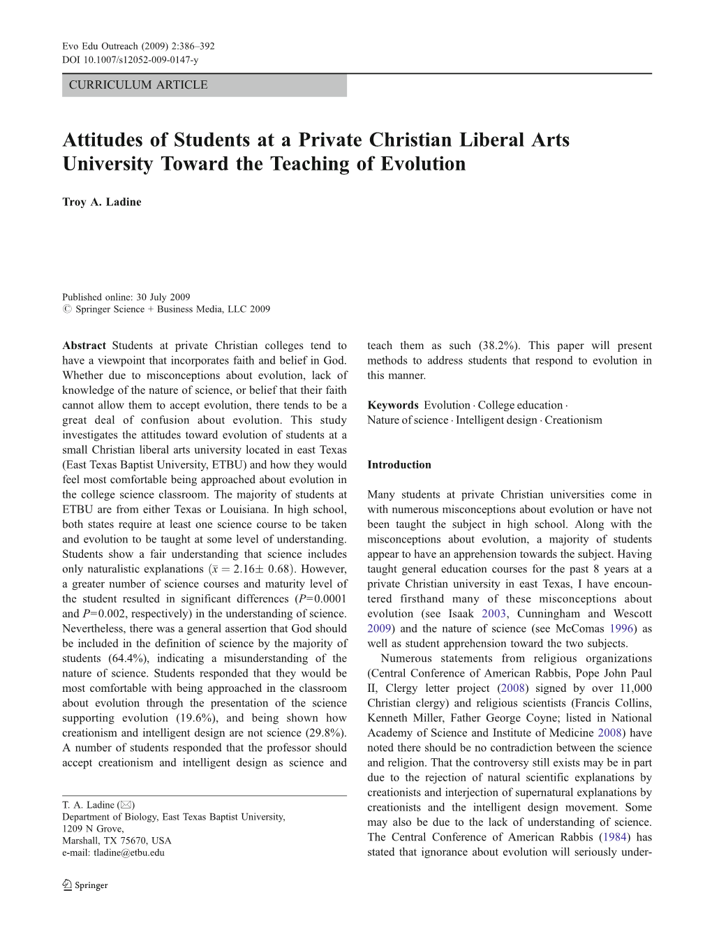 Attitudes of Students at a Private Christian Liberal Arts University Toward the Teaching of Evolution