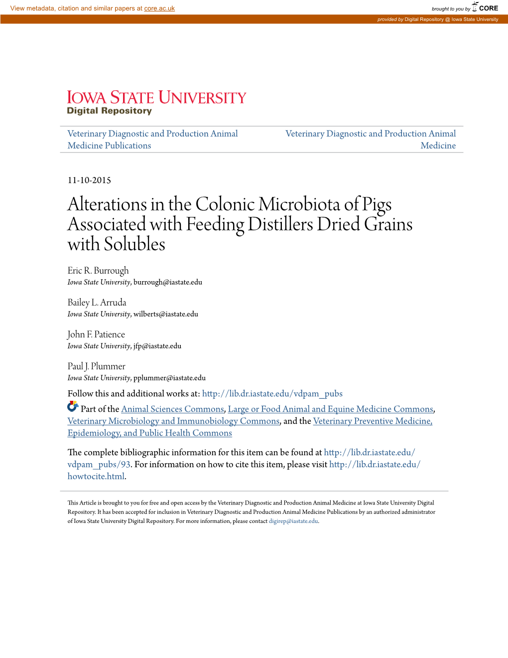 Alterations in the Colonic Microbiota of Pigs Associated with Feeding Distillers Dried Grains with Solubles Eric R