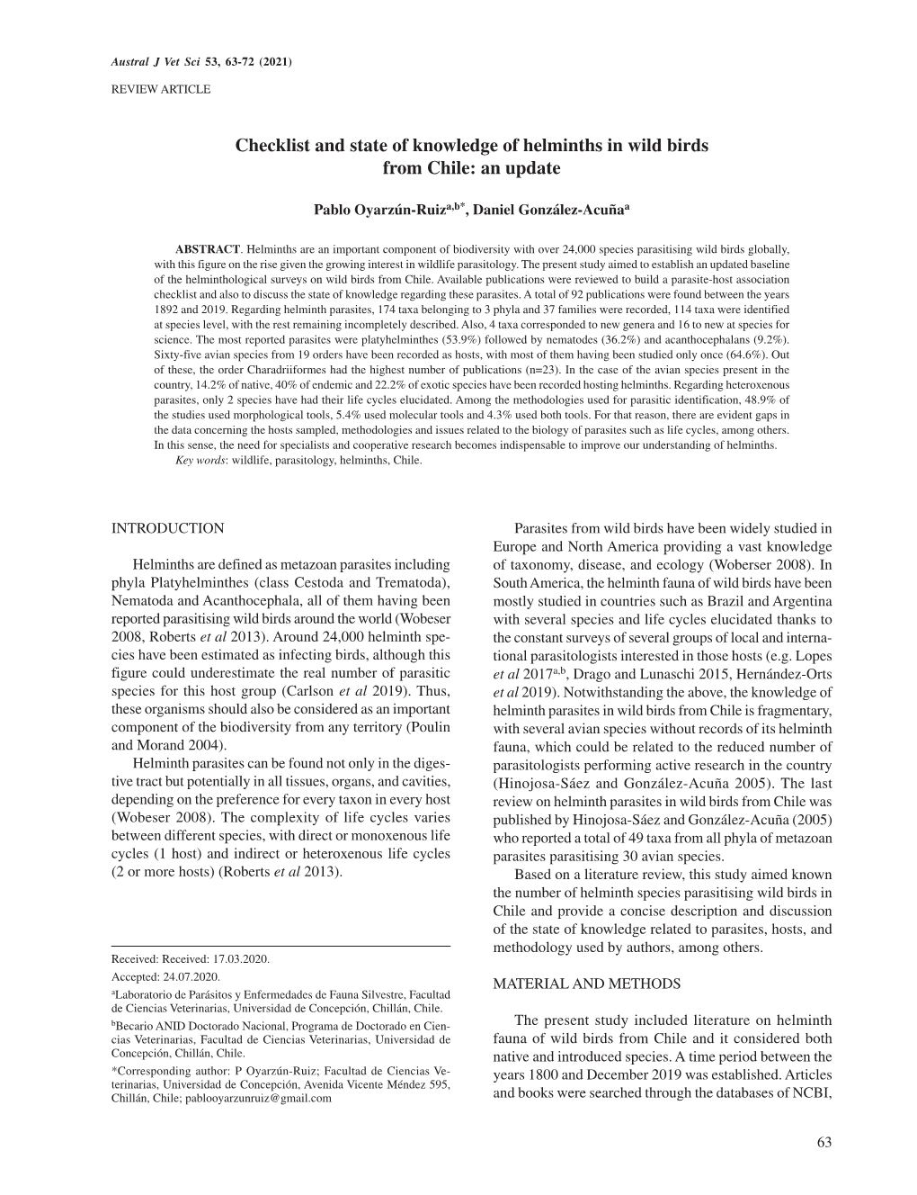 Checklist and State of Knowledge of Helminths in Wild Birds from Chile: an Update