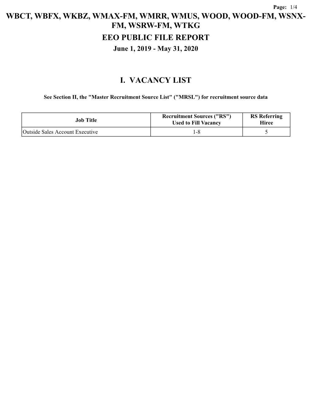 WBCT, WBFX, WKBZ, WMAX-FM, WMRR, WMUS, WOOD, WOOD-FM, WSNX- FM, WSRW-FM, WTKG EEO PUBLIC FILE REPORT June 1, 2019 - May 31, 2020