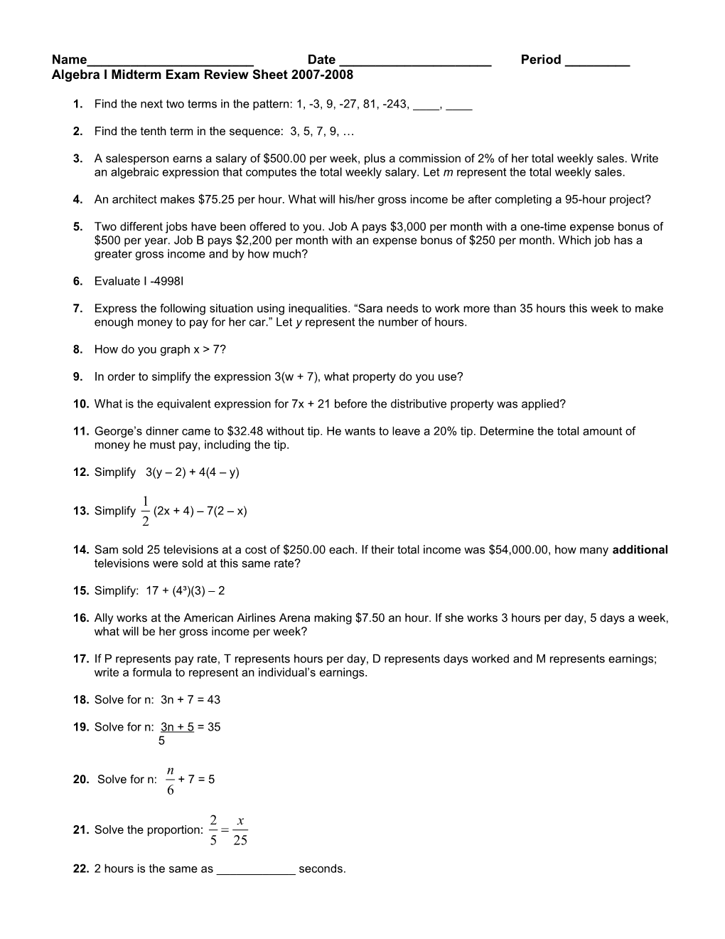 Algebra I Midterm Exam Review Sheet 2003-2004