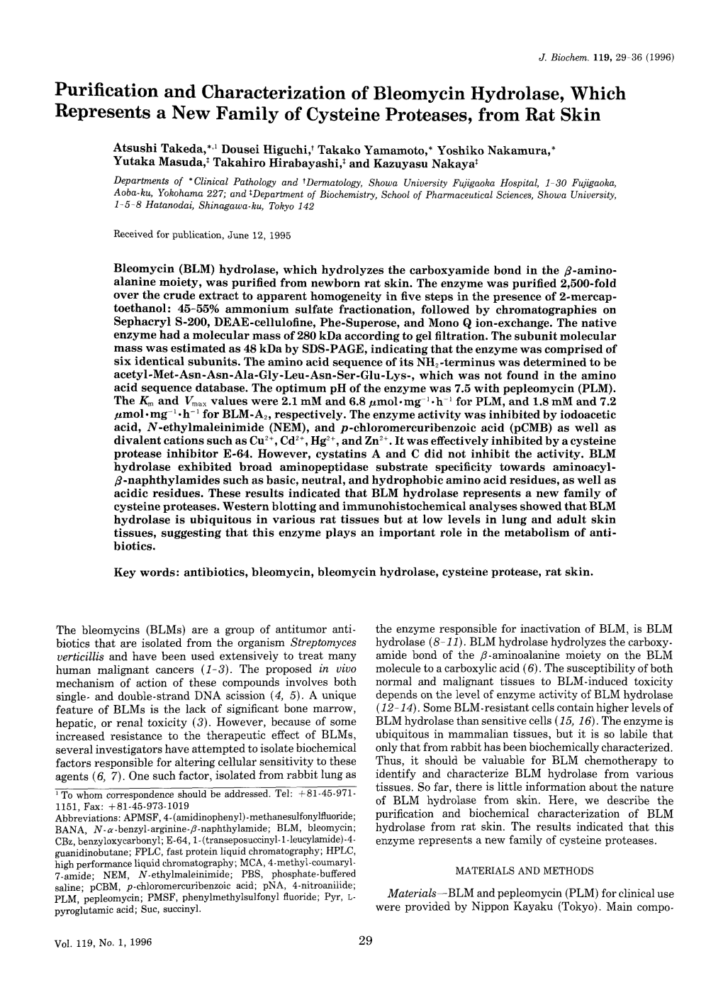 Purification and Characterization of Bleomycin Hydrolase, Which Represents a New Family of Cysteine Proteases, from Rat Skin