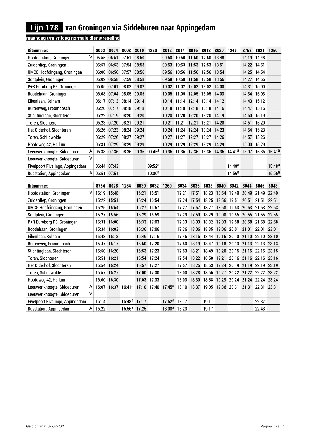 Lijn 178 Van Groningen Via Siddeburen Naar Appingedam Maandag T/M Vrijdag Normale Dienstregeling