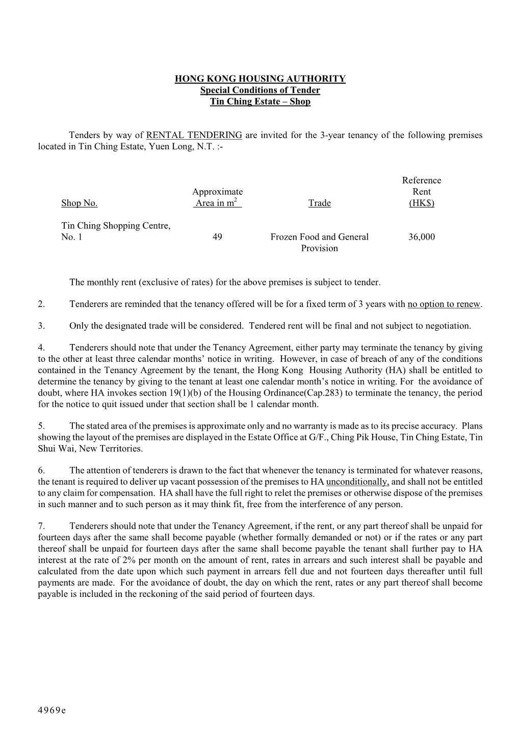 Special Conditions of Tender Tin Ching Estate – Shop