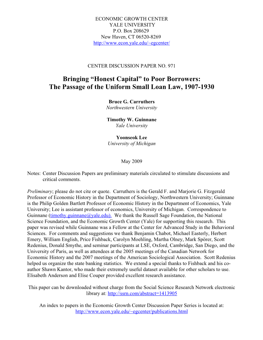 To Poor Borrowers: the Passage of the Uniform Small Loan Law, 1907-1930