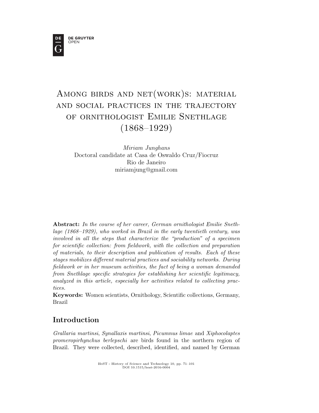 S: Material and Social Practices in the Trajectory of Ornithologist Emilie Snethlage (1868–1929)