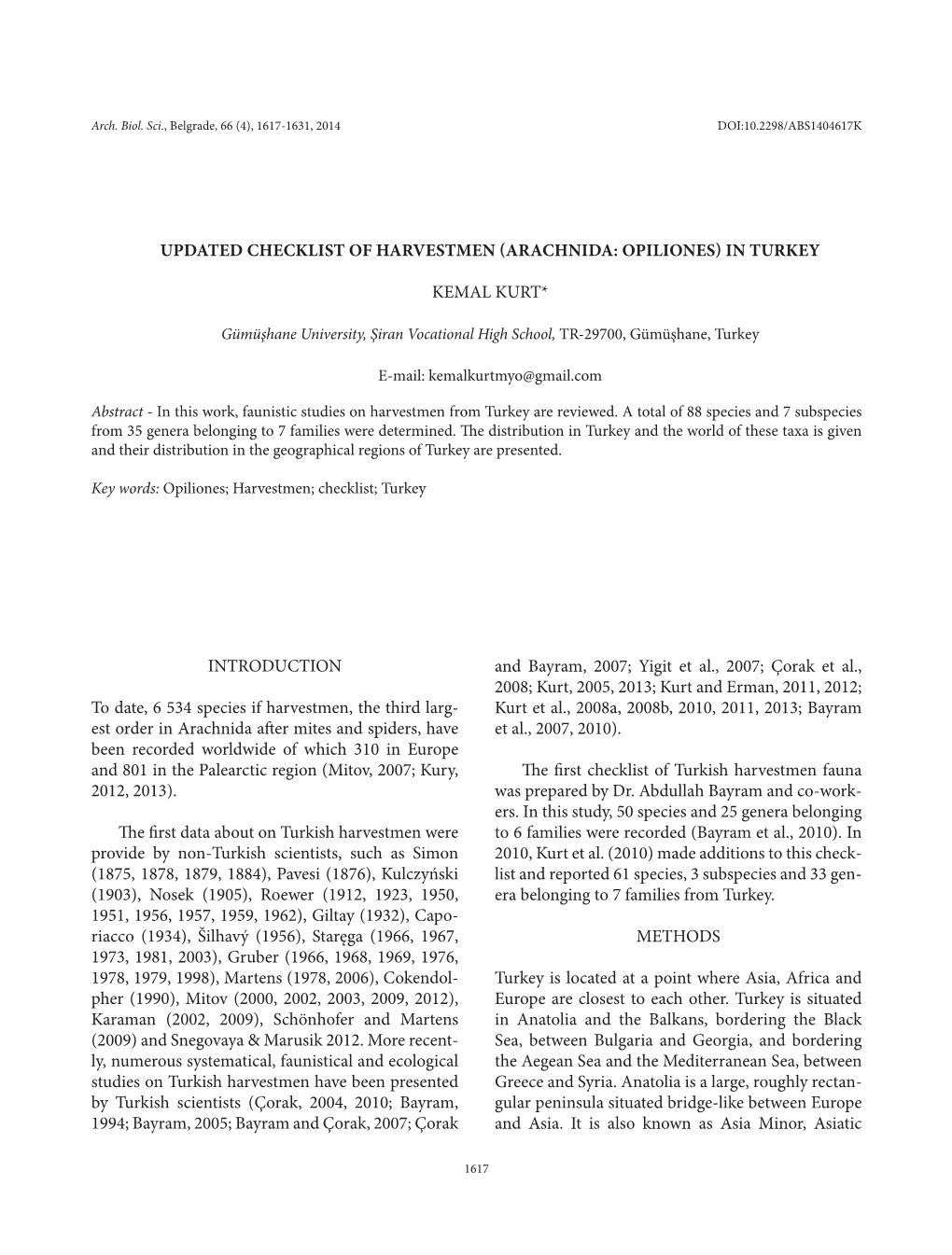 Updated Checklist of Harvestmen (Arachnida: Opiliones) in Turkey