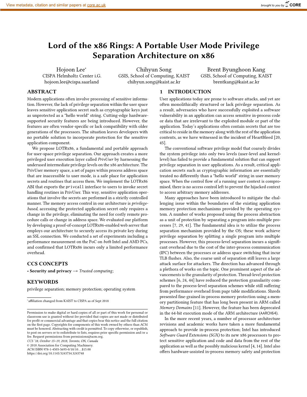 Lord of the X86 Rings: a Portable User Mode Privilege Separation Architecture on X86