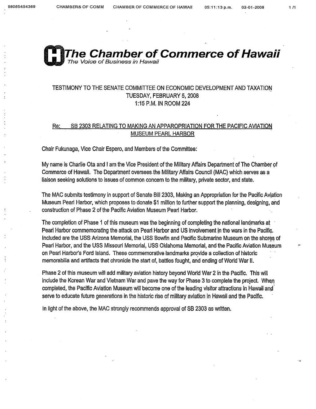 TESTIMONY to the SENATE Commlttee on ECONOMIC DEVELOPMENT and TAXATIO~ TUESDAY, FEBRUARY 5, 2008 1:15 P.M