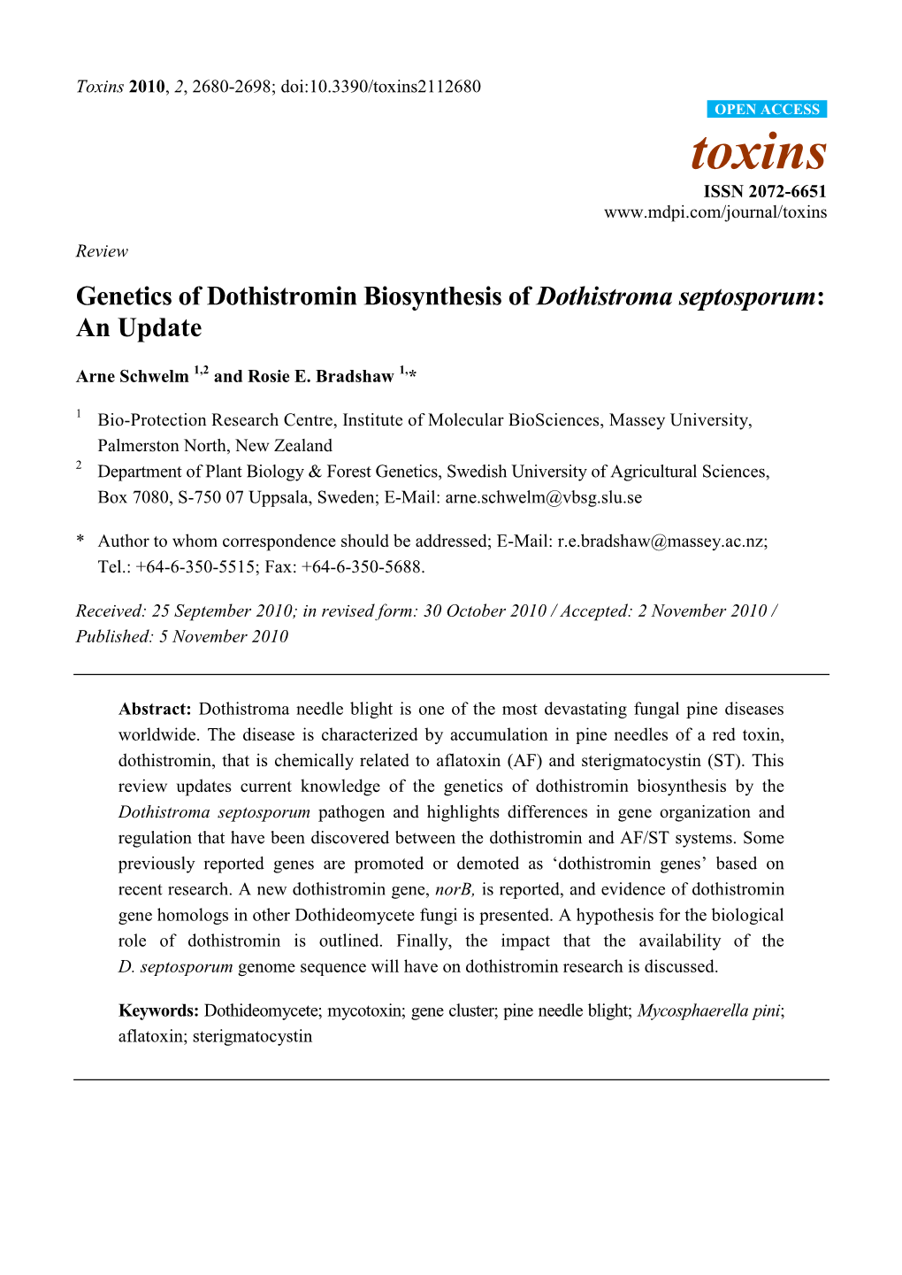 Genetics of Dothistromin Biosynthesis of Dothistroma Septosporum: an Update