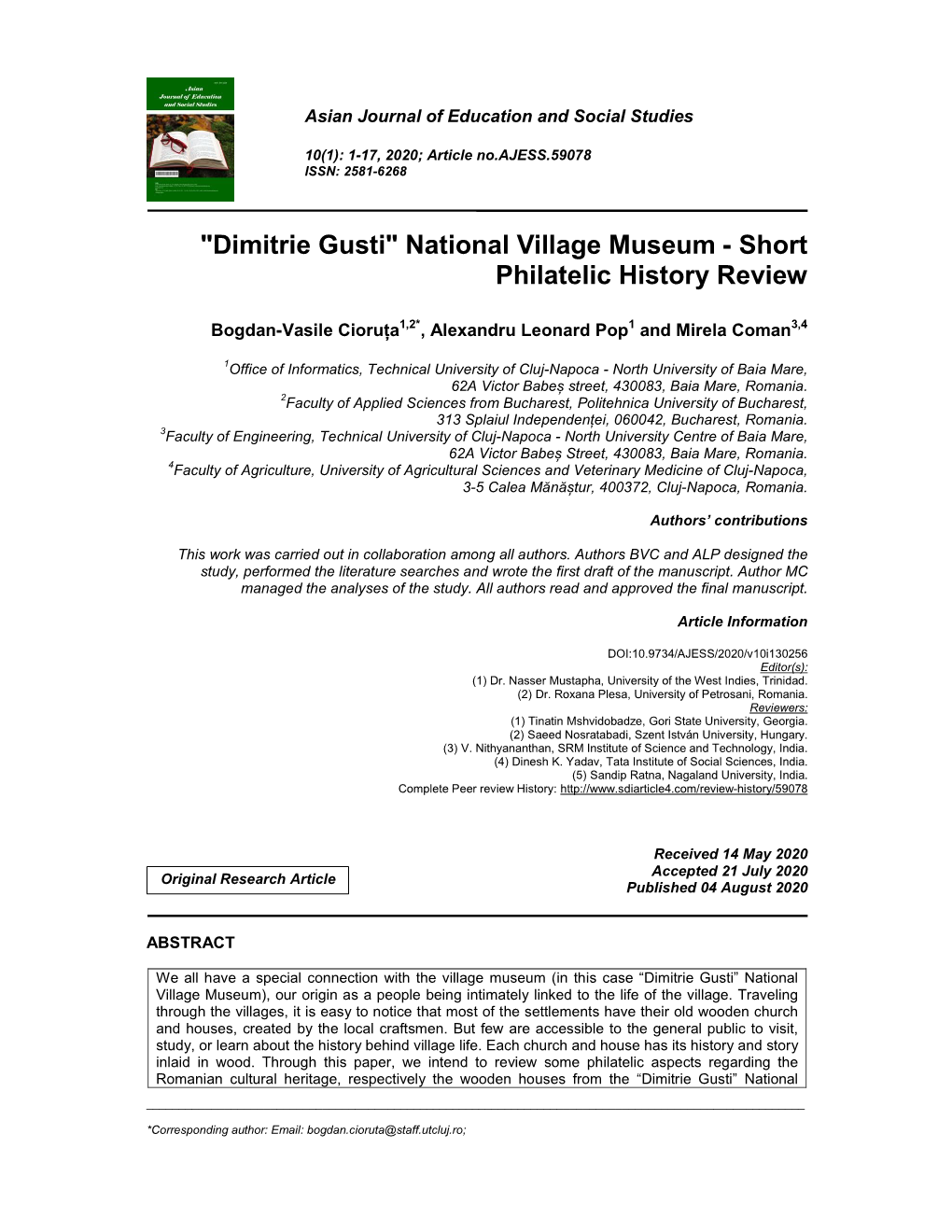 Dimitrie Gusti" National Village Museum - Short Philatelic History Review