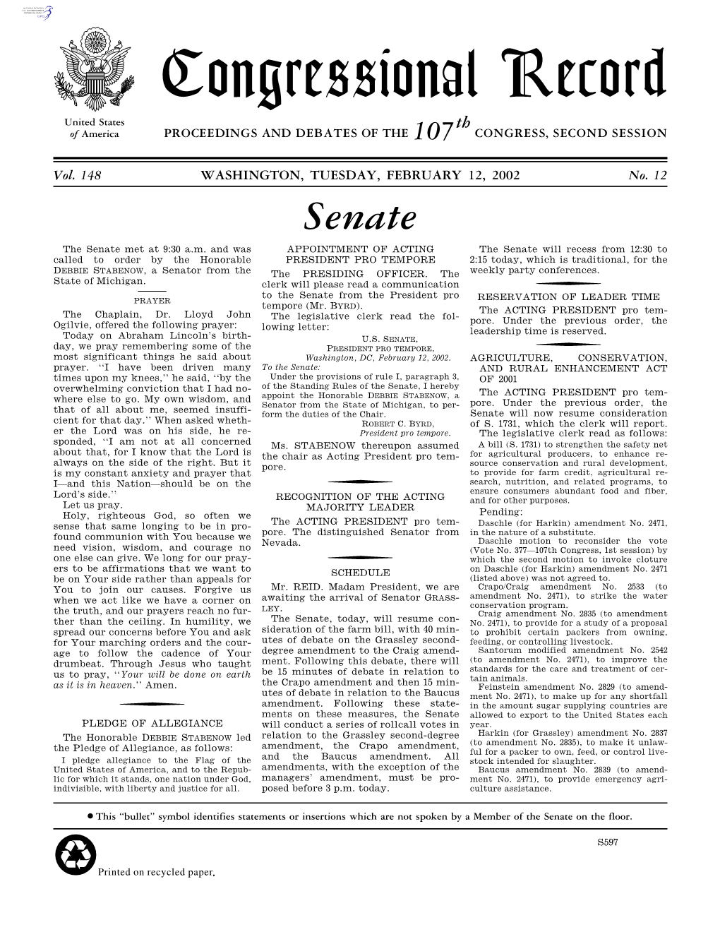 Congressional Record United States Th of America PROCEEDINGS and DEBATES of the 107 CONGRESS, SECOND SESSION