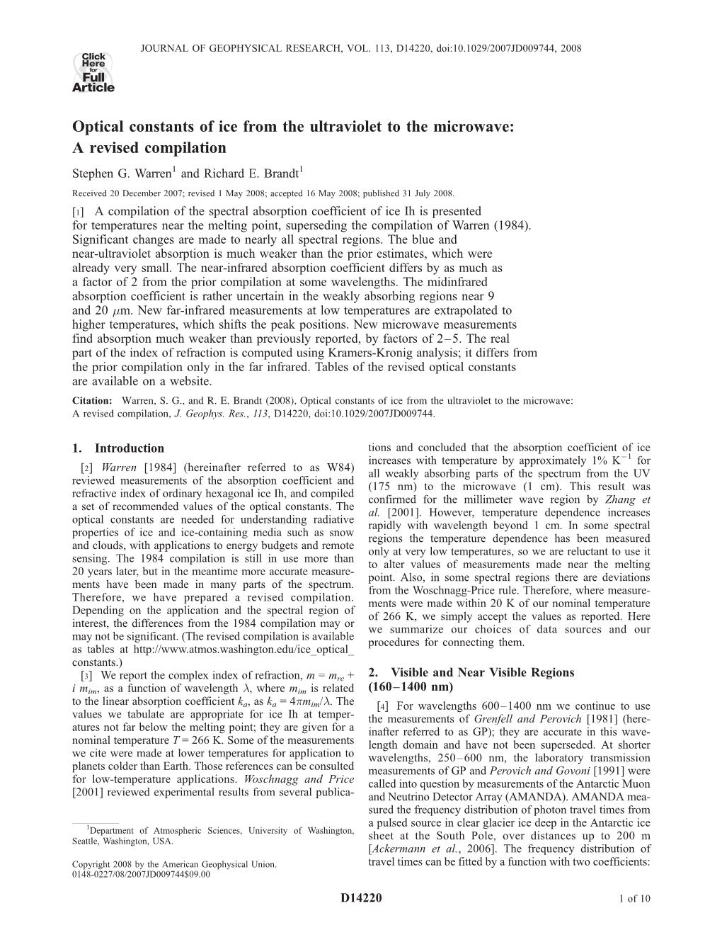 Optical Constants of Ice from the Ultraviolet to the Microwave: a Revised Compilation Stephen G