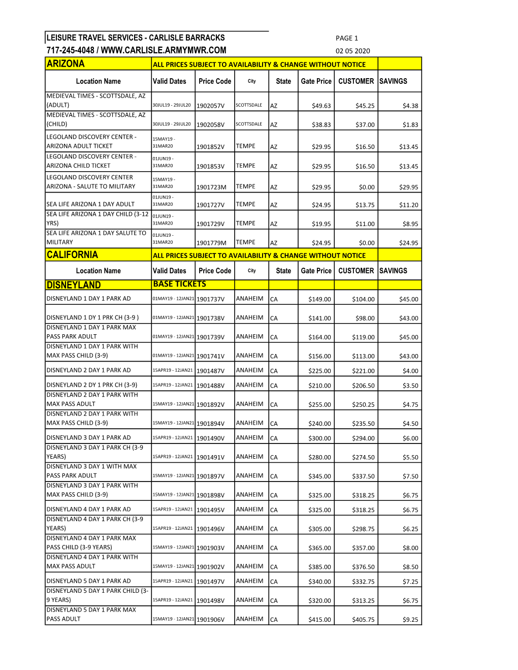 Tickets & Attractions Price List!