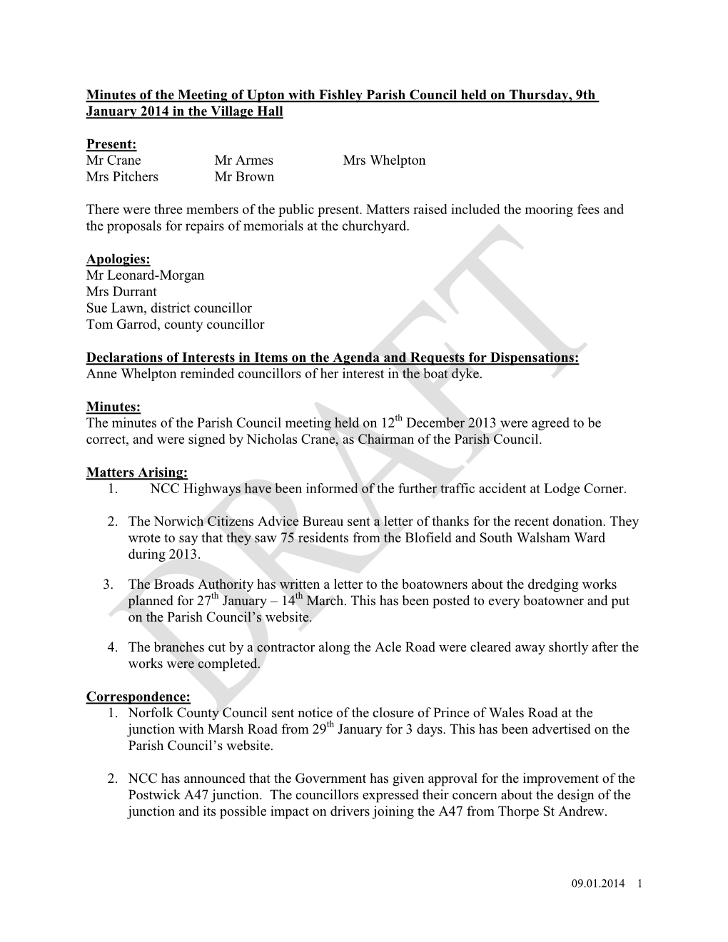 Minutes of the Meeting of Upton with Fishley Parish Council Held on Thursday, 9Th January 2014 in the Village Hall