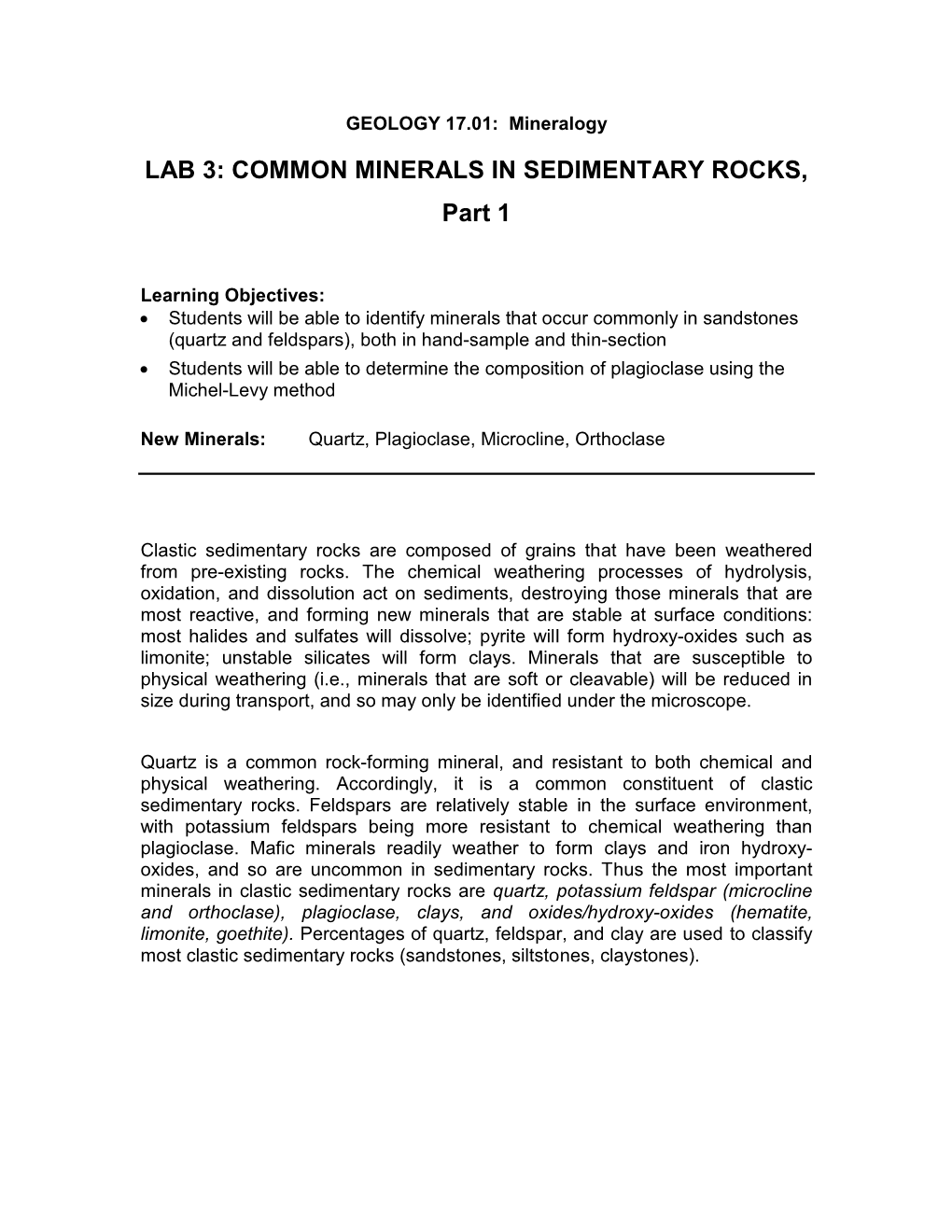 LAB 3: COMMON MINERALS in SEDIMENTARY ROCKS, Part 1