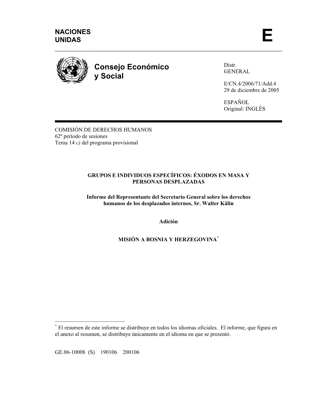 Informe Del Representante Del Secretario General Sobre Los Derechos Humanos De Los Desplazados Internos, Sr