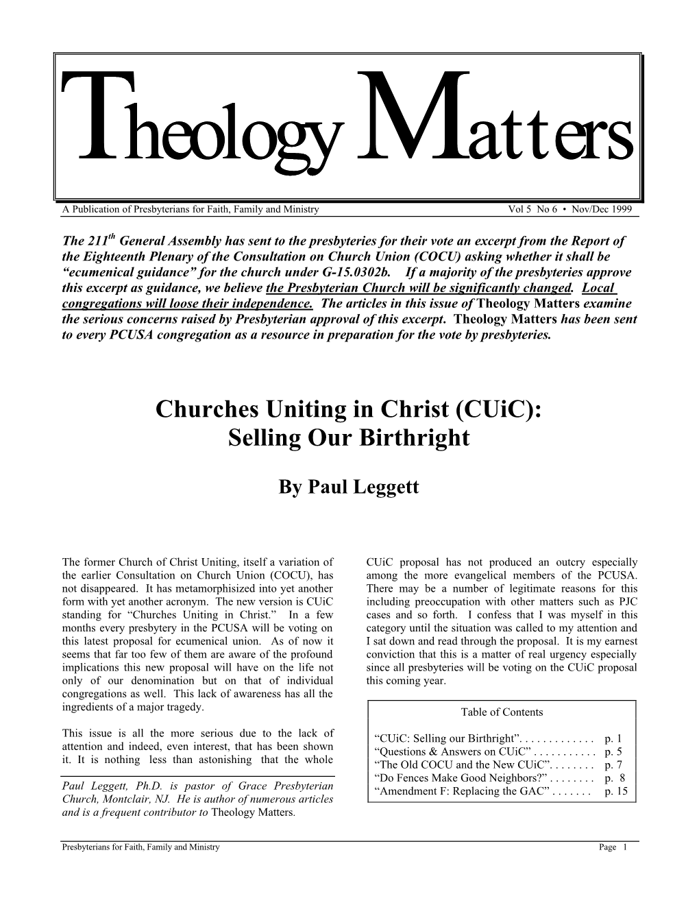 Churches Uniting in Christ (Cuic): Selling Our Birthright