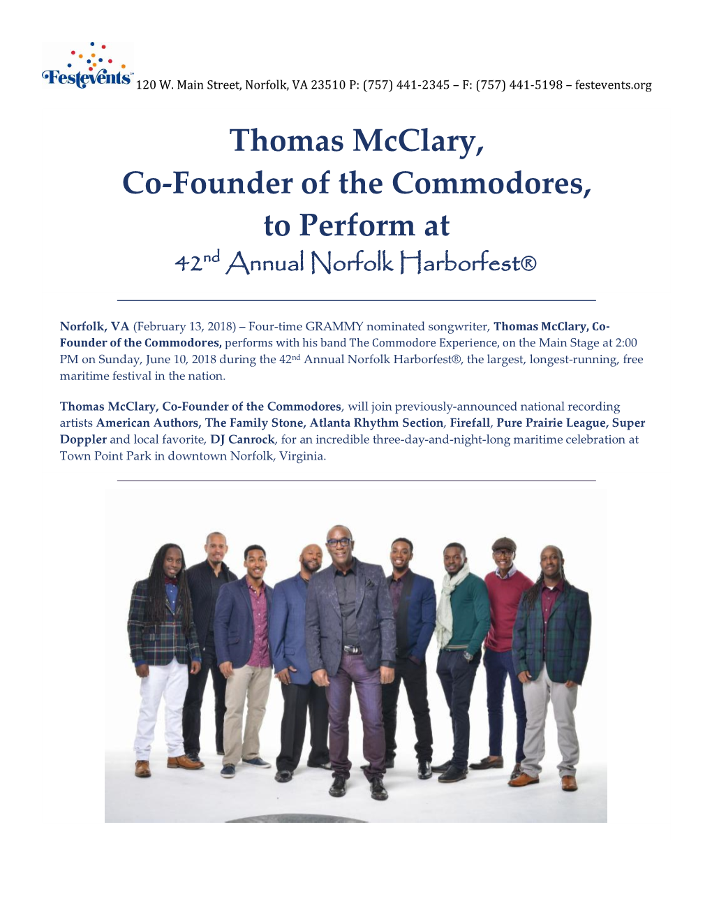 Thomas Mcclary, Co-Founder of the Commodores, to Perform at 42 Nd