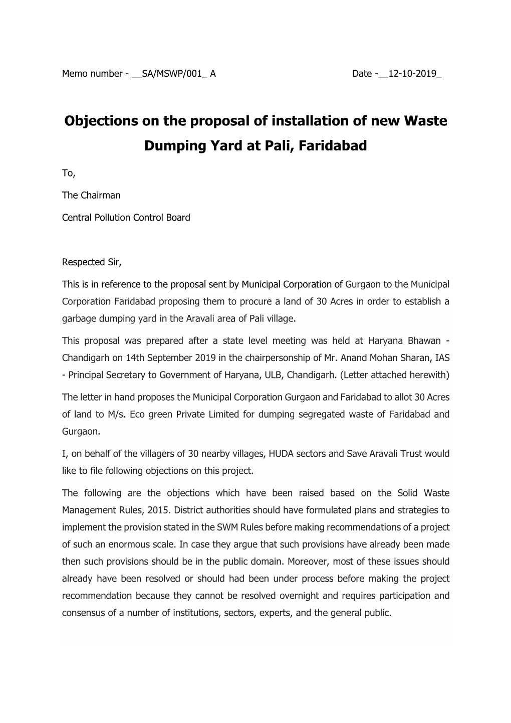 Objections on the Proposal of Installation of New Waste Dumping